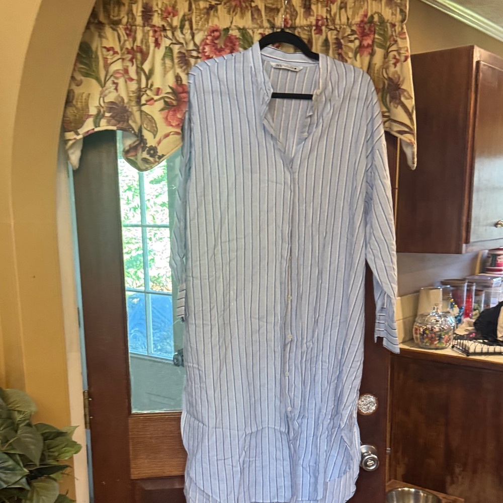Zara Light Blue Striped Long Sleeve Dress
